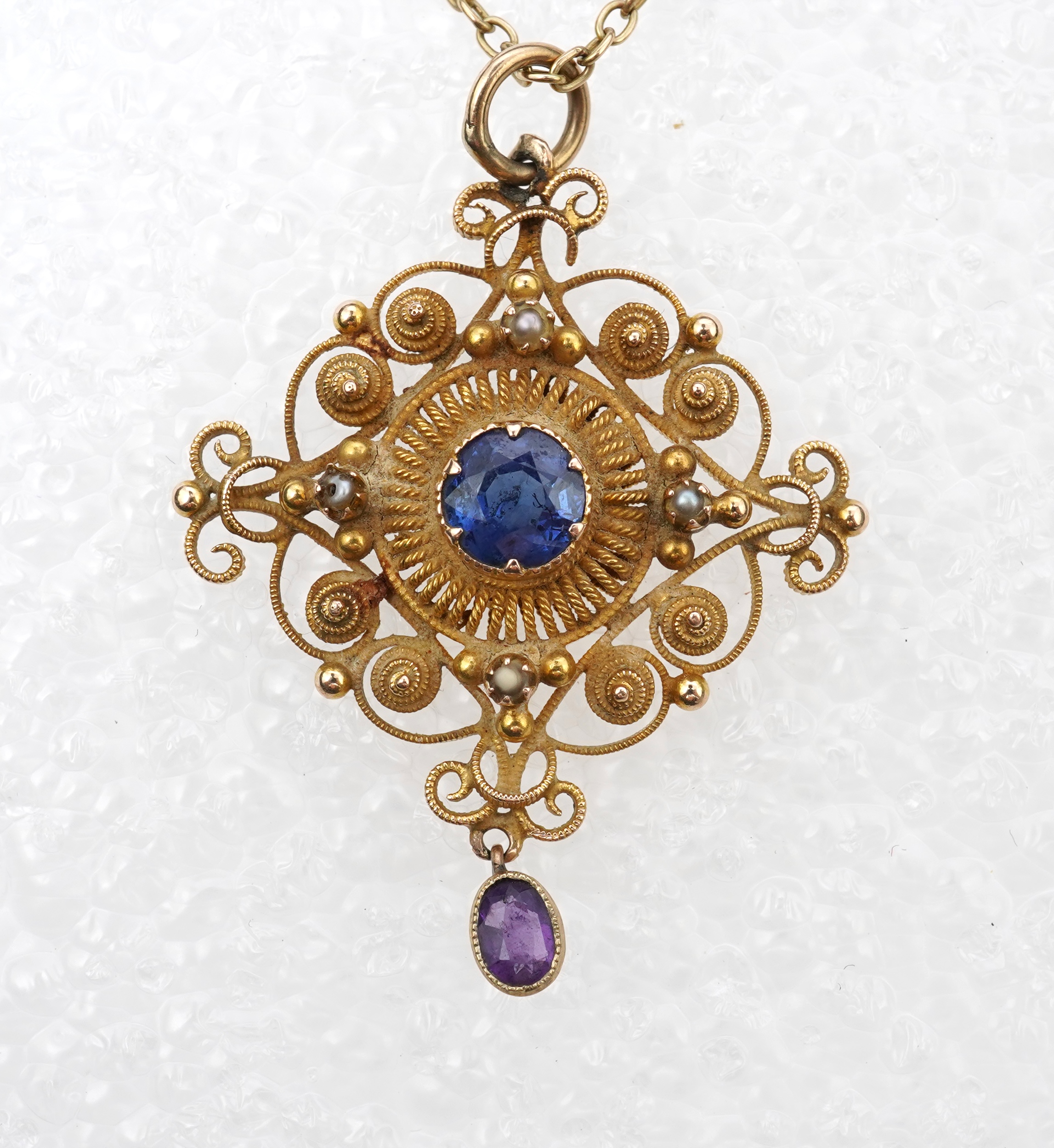 A sapphire, amethyst and pearl pendant necklace, late 19th century